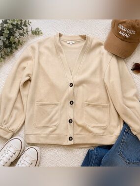 LA MIEL Cream Button Front Cardigan Jacket Balloon Sleeve Pockets Large